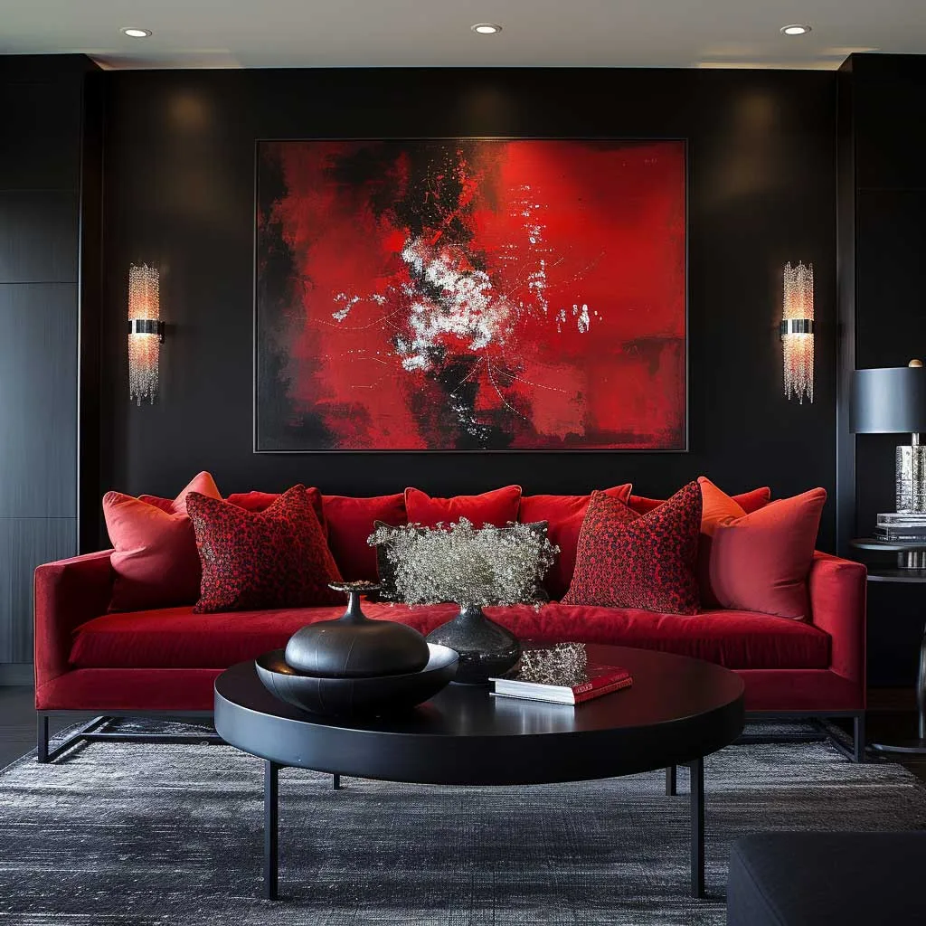A dramatic living room with a red sofa
